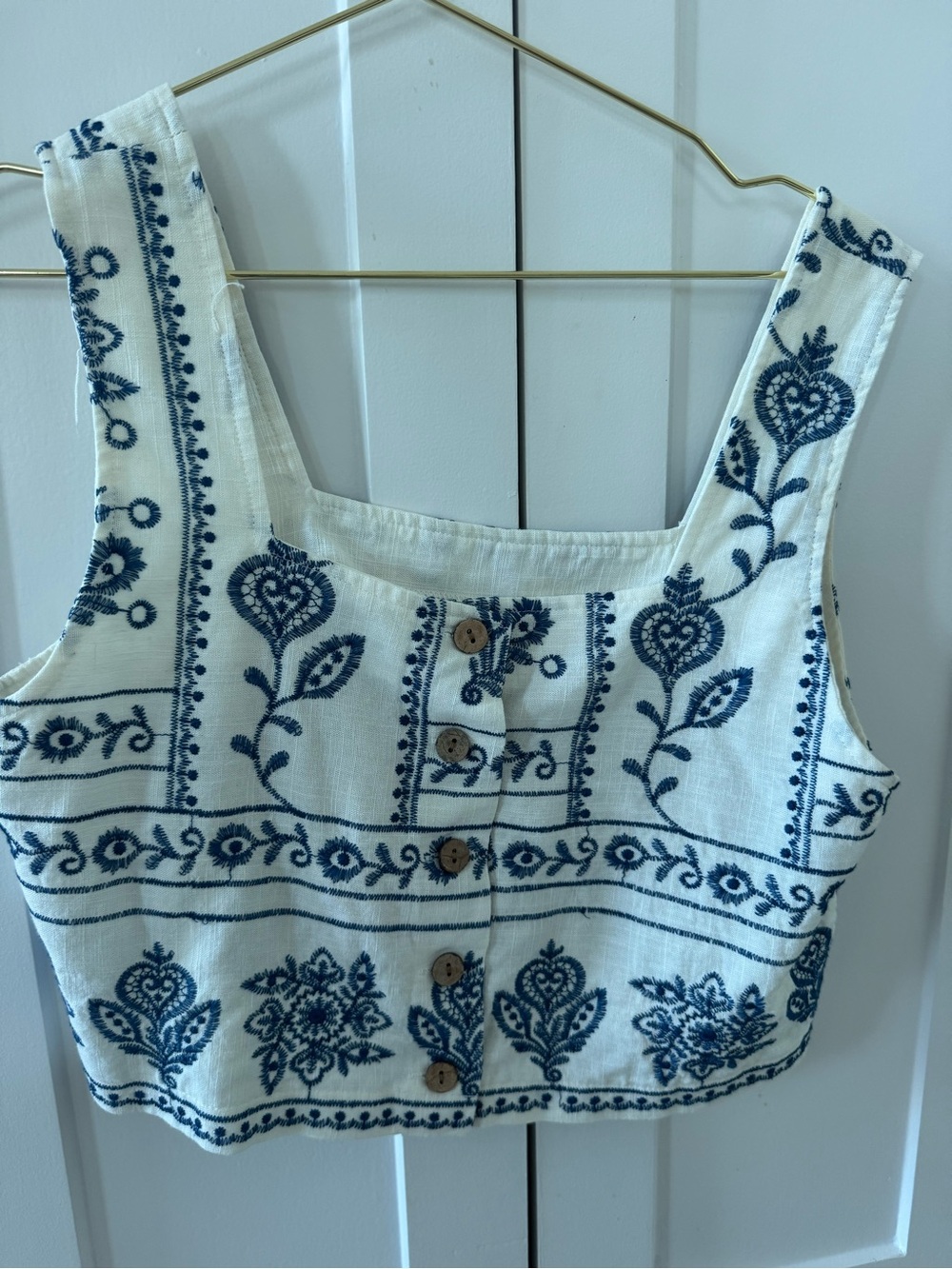 Joie White & Blue Embroidered Crop Tank Top